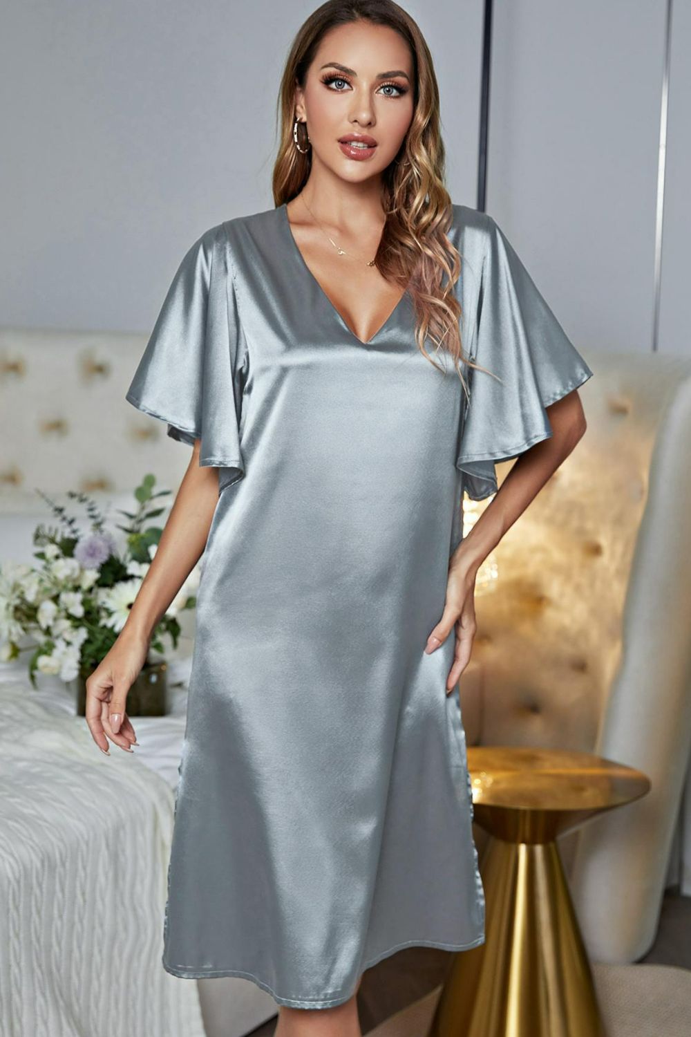 Satin Flutter Sleeve Side Slit V-Neck Night Dress for Women
