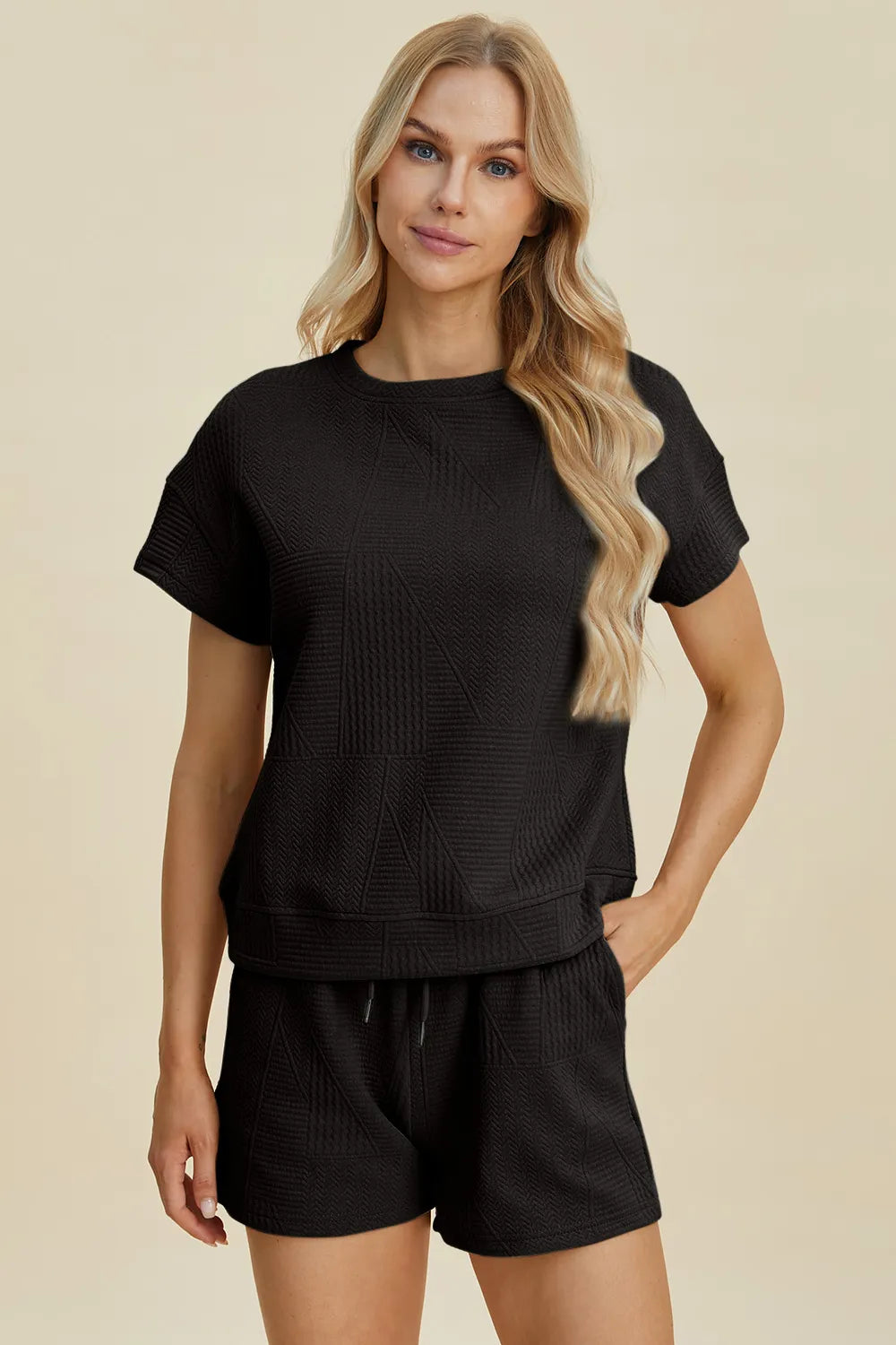 Plus Size Texture Short Sleeve Top and Shorts Set in Brown for Women
