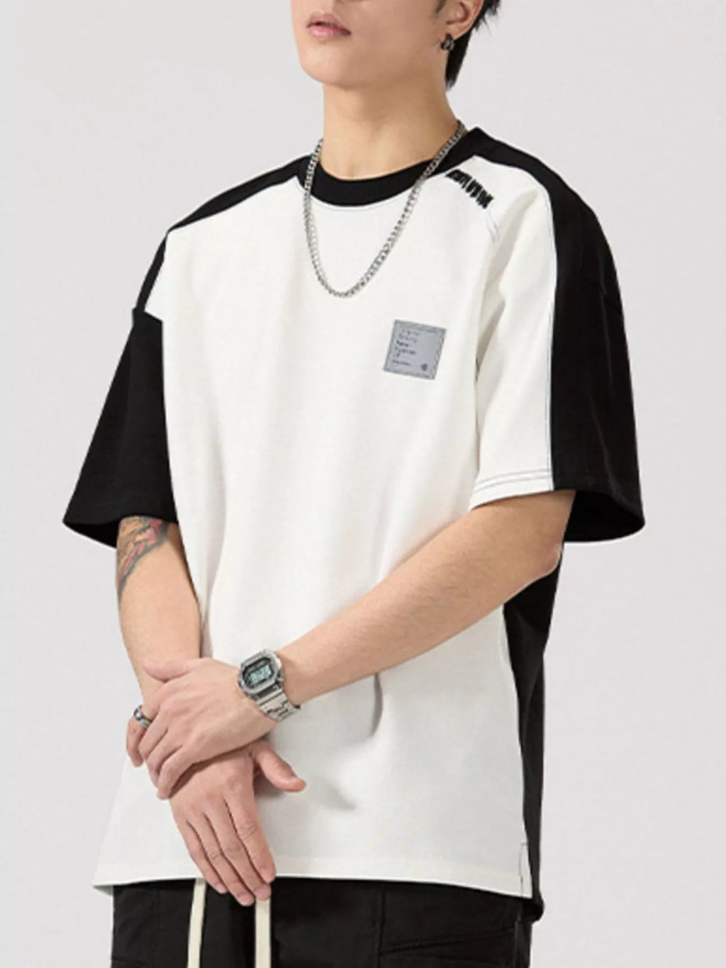 Contrast Round Neck Short Sleeve T-Shirt Plus Size in Black and White for Men