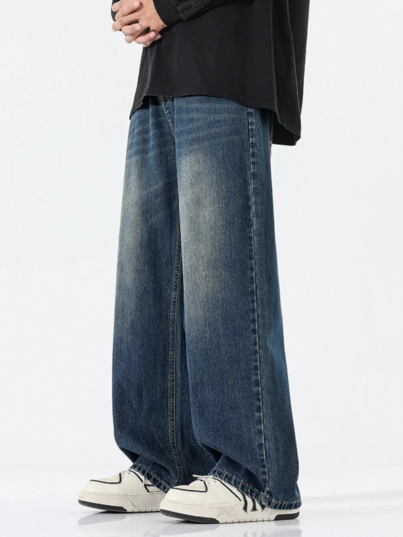 Vintage Wash Wide Leg Jeans Plus Size in Ash for Men