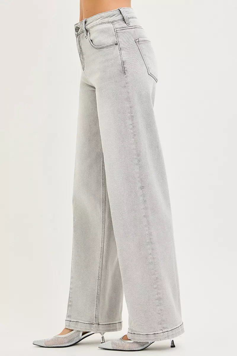Slouchy Baggy Jeans with Contrast Stitching in Light Grey for Women
