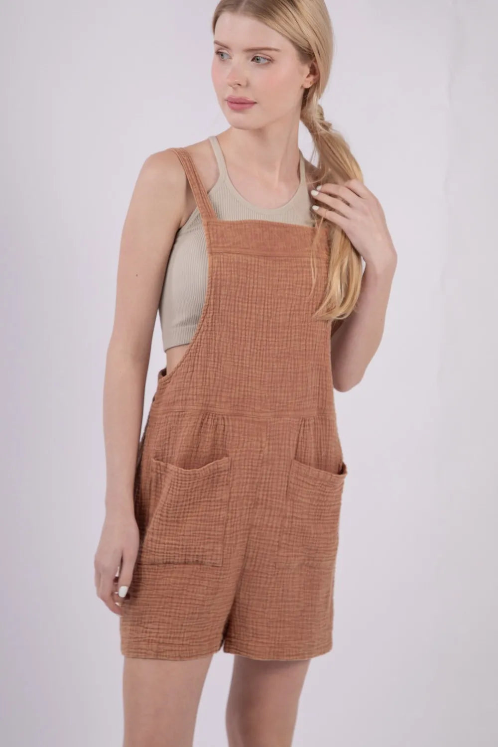 Sleeveless Double Gauze Overalls with Pockets in Mocha for Women