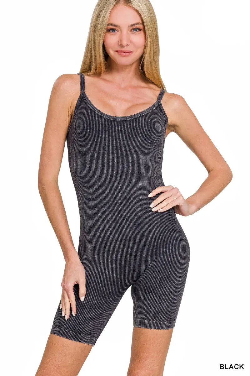 Stone Washed Ribbed Seamless Romper in Black for Women