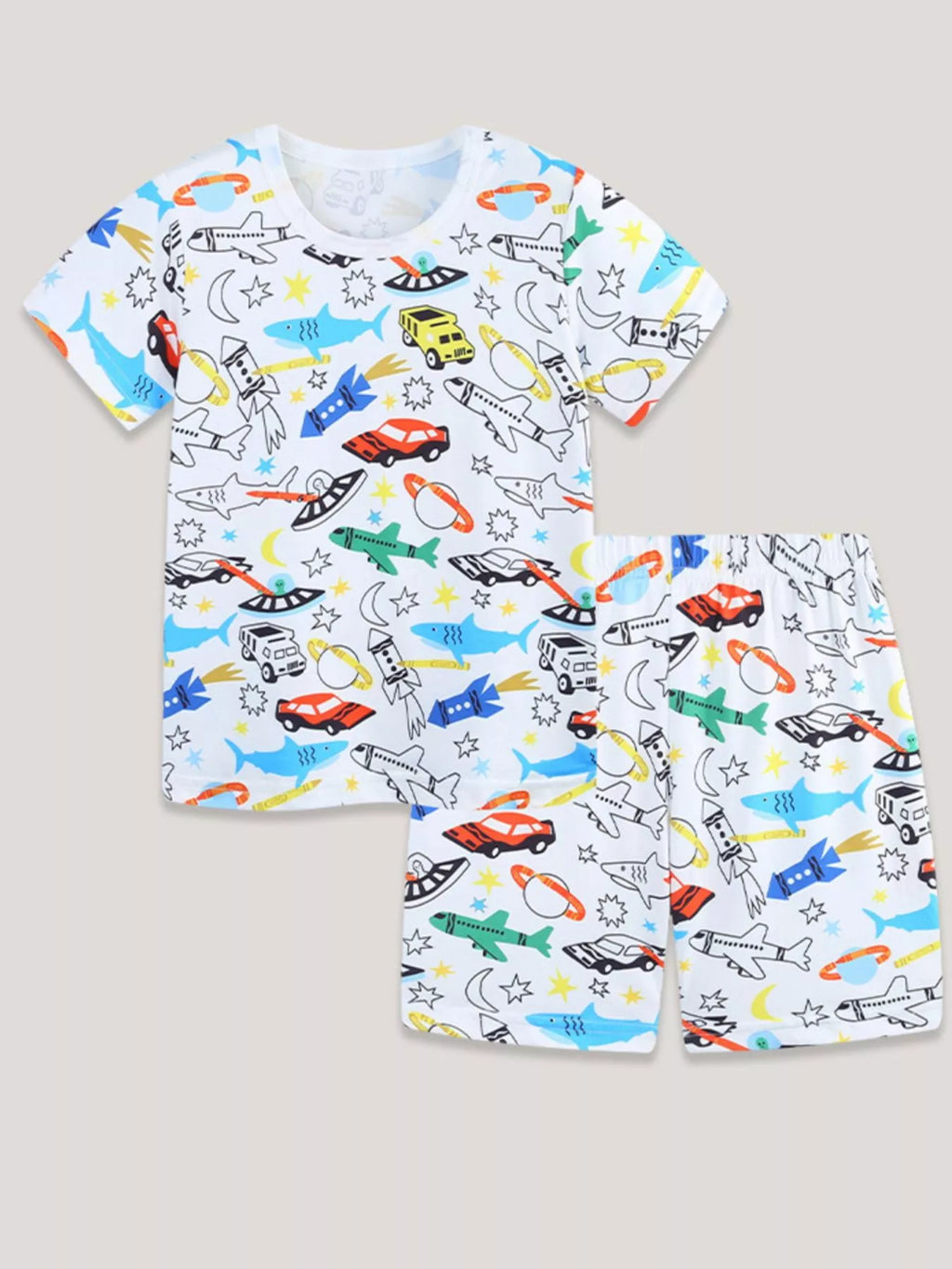 Cartoon Vehicle Print Tee and Shorts Set in White for Boys