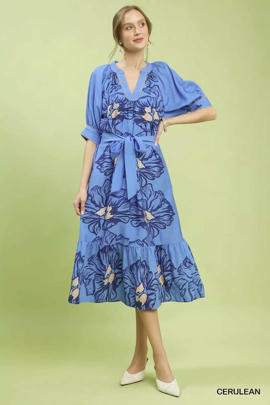 Floral Belted Midi Dress in Cerulean for Women