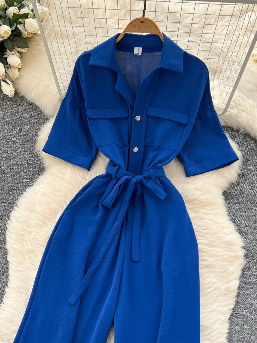 Pink Tie Waist Wide Leg Jumpsuit in Dark Blue for Women