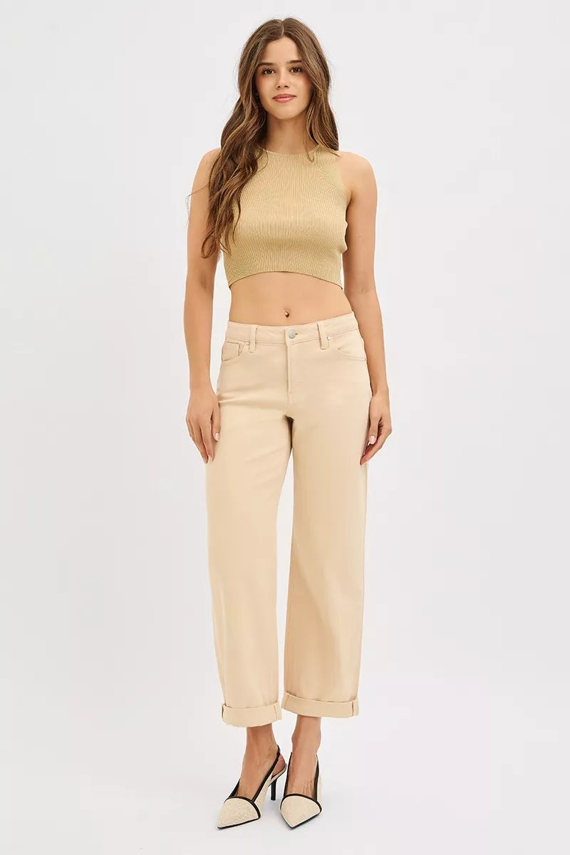 Tummy Control Mid Rise Ankle Barrel Relaxed Baggy in Butter Milk for Women