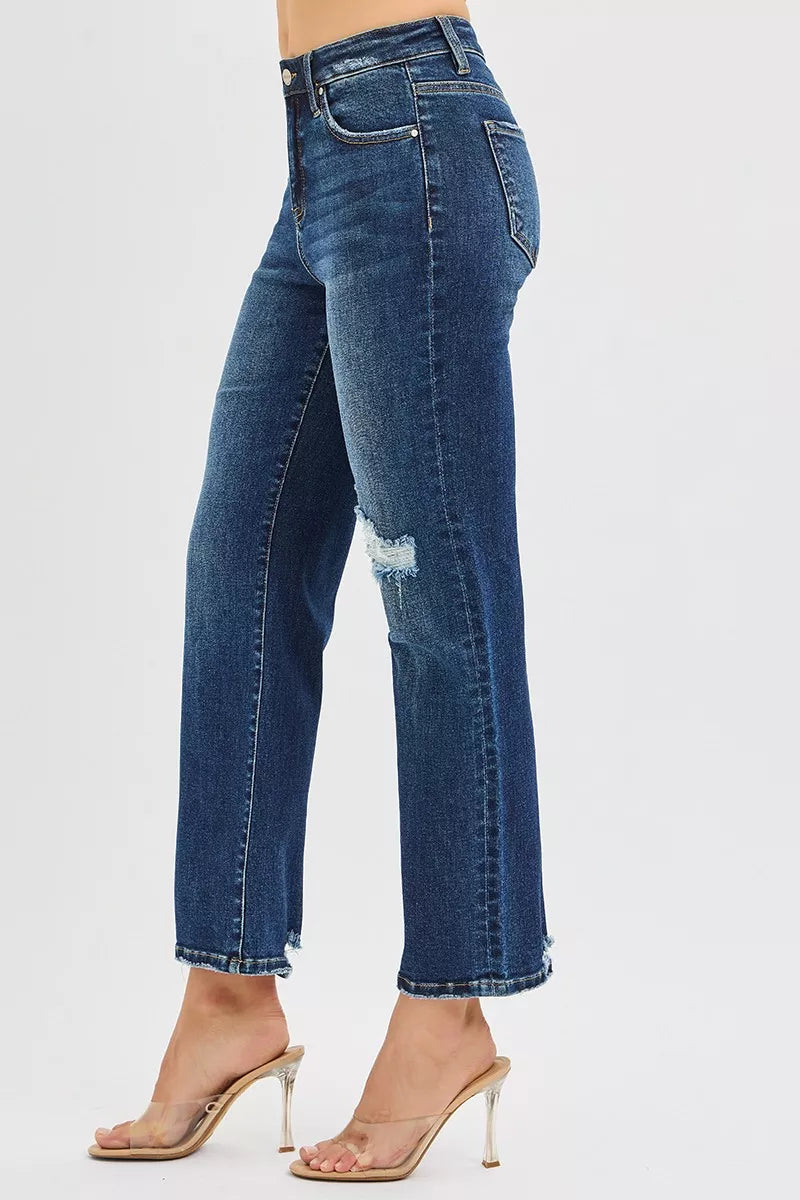 High Rise Crop Slim Straight Jenas with Hidden Knee Patch in Dark for Women