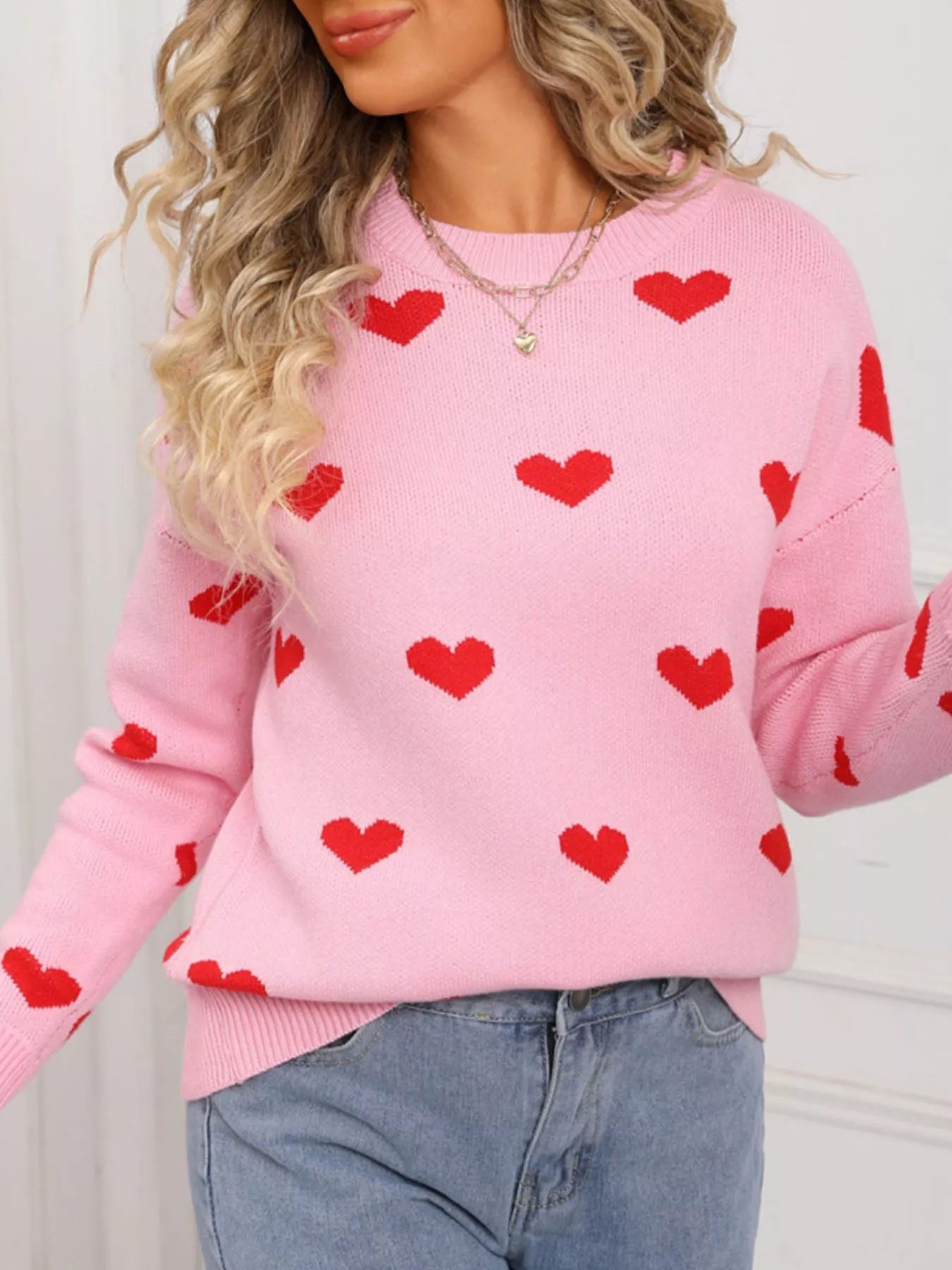 Valentines Day Heart Pattern Dropped Shoulder Sweater in Pink for Women