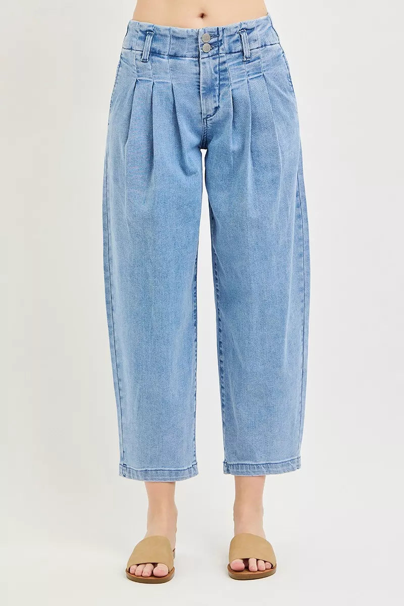 Slouchy Crop Barrel Pleated Jeans in Medium for Women