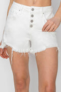 Button Fly Frayed Hem Denim Shorts in White for Women