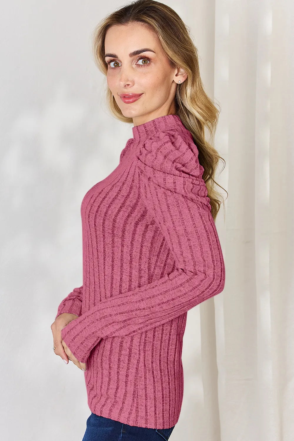 Plus Size Ribbed Mock Neck Puff Sleeve T-Shirt for Women