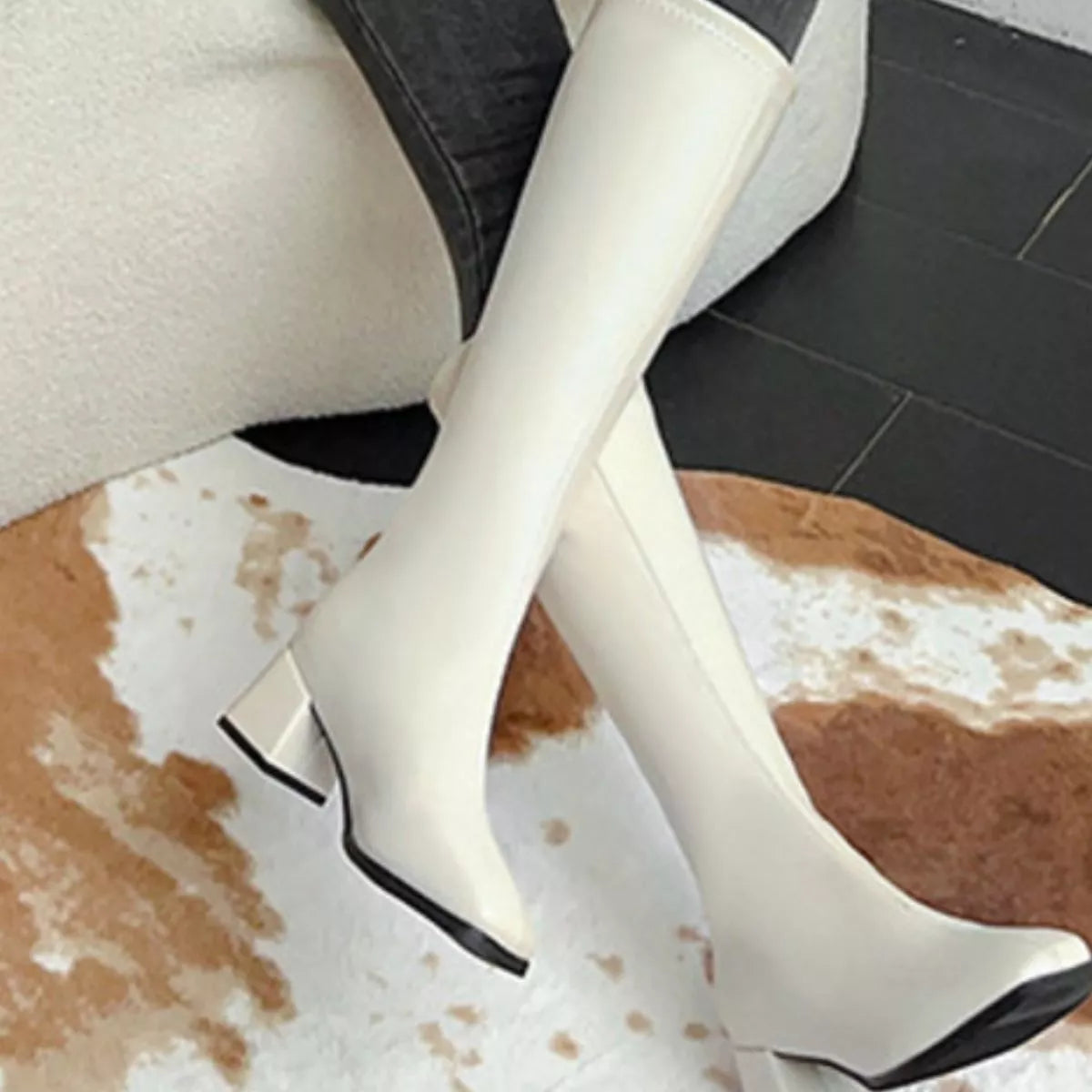 Square Toe Block Heels Boots in White for Women