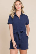 Collared Button Down Romper with Tie Belt in Navy for Women