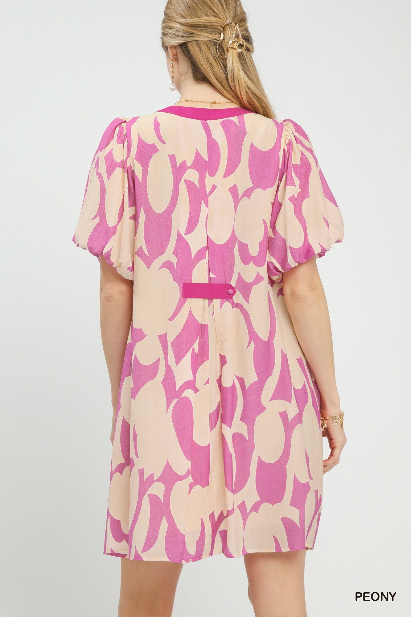 Abstract Print Puff Sleeve Shift Dress in Peony for Women