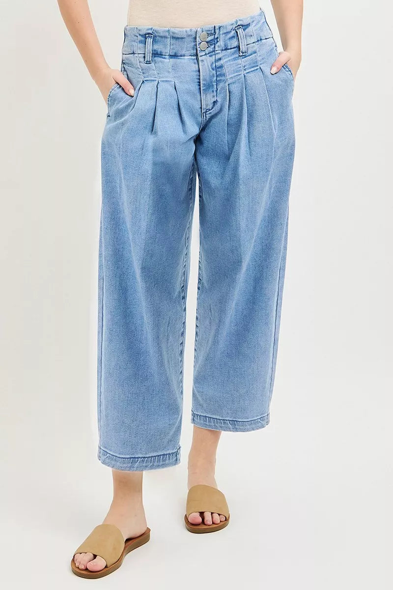 Slouchy Crop Barrel Pleated Jeans in Medium for Women