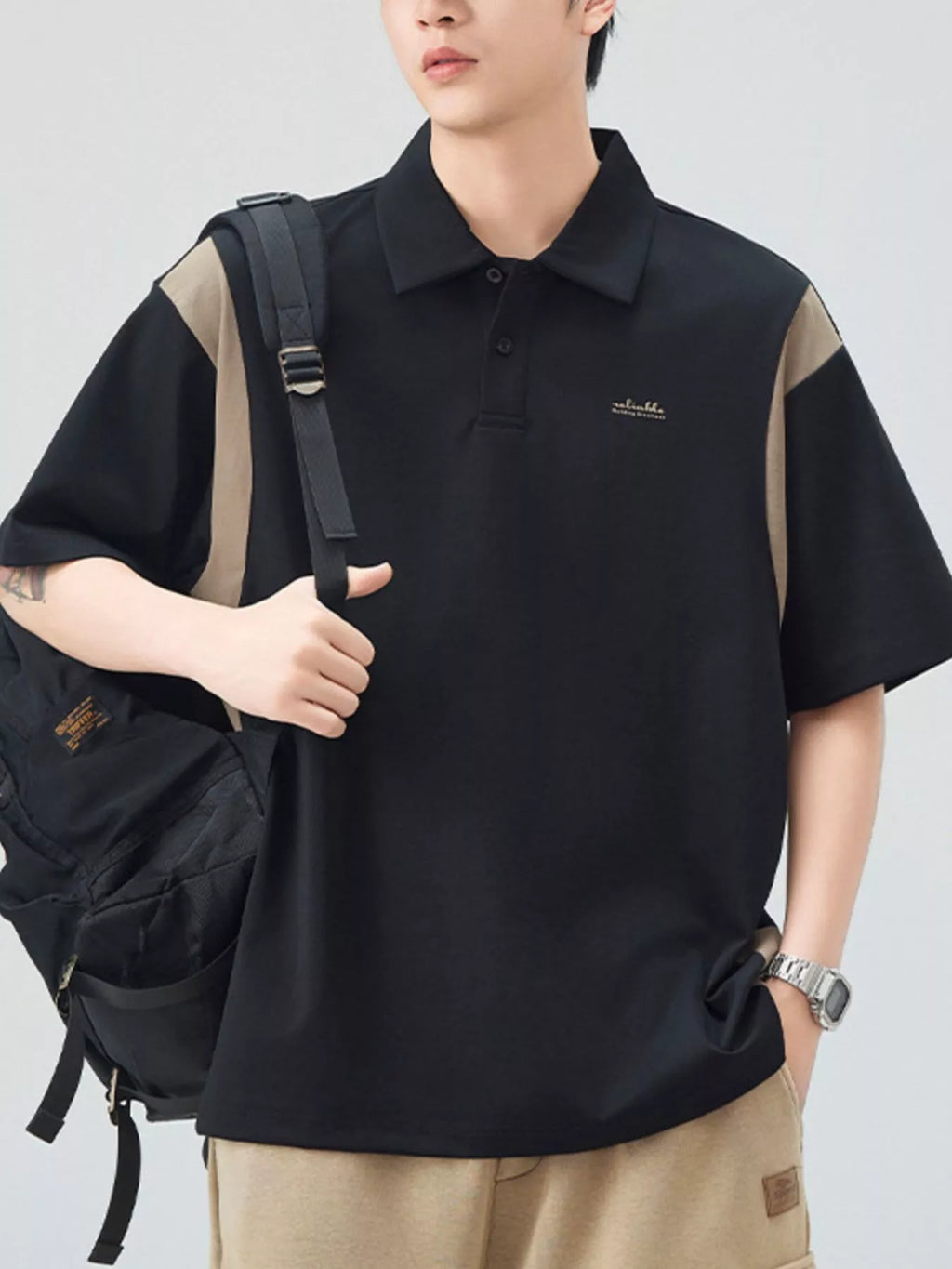 Plus Size Button Detail Short Sleeve Polo in Khaki Green for Men