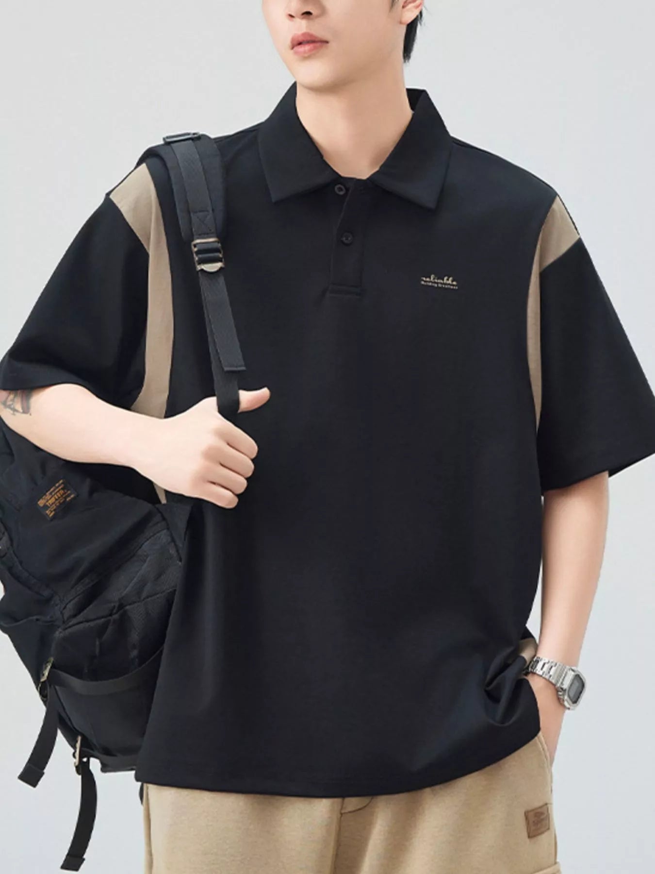 Plus Size Button Detail Short Sleeve Polo in Khaki Green for Men