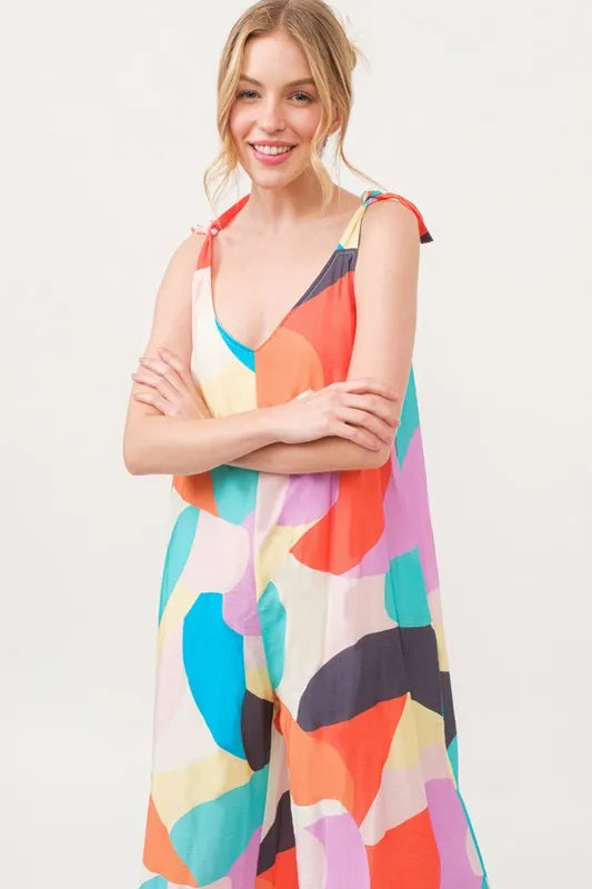 Tied Shoulder Straps Wide-Leg Geo Print Jumpsuit for Women