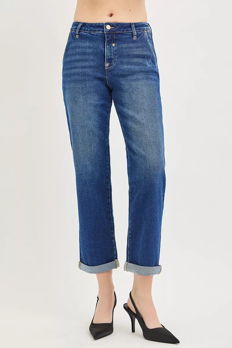 Slouchy Cropped Boyfriend Jeans with Cuffed Hem in Dark for Women