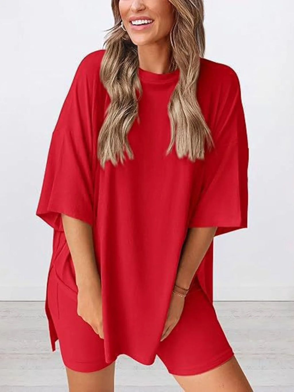Oversized Slit Round Neck Top and Shorts Lounge Set Plus Size in Black for Women