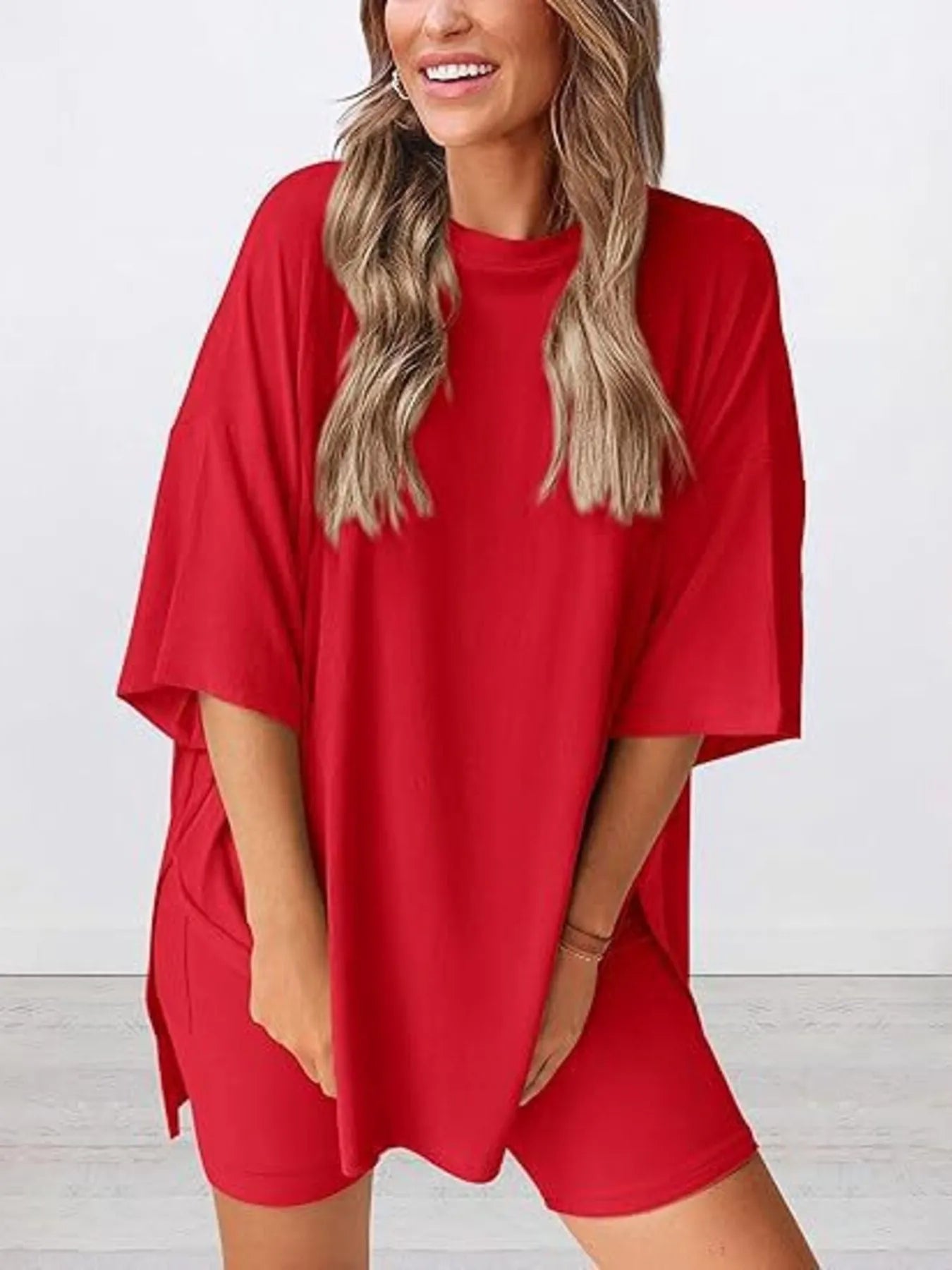 Oversized Slit Round Neck Top and Shorts Lounge Set Plus Size in Black for Women