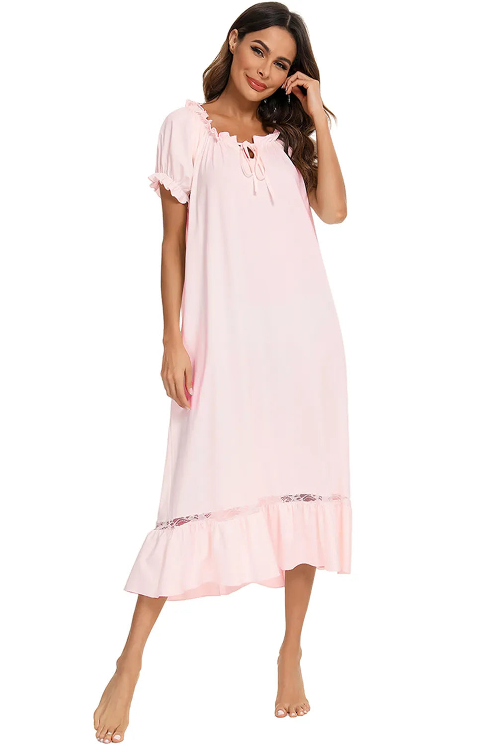 Lace Detail Short Sleeve Lounge Dress in Blush Pink for Women