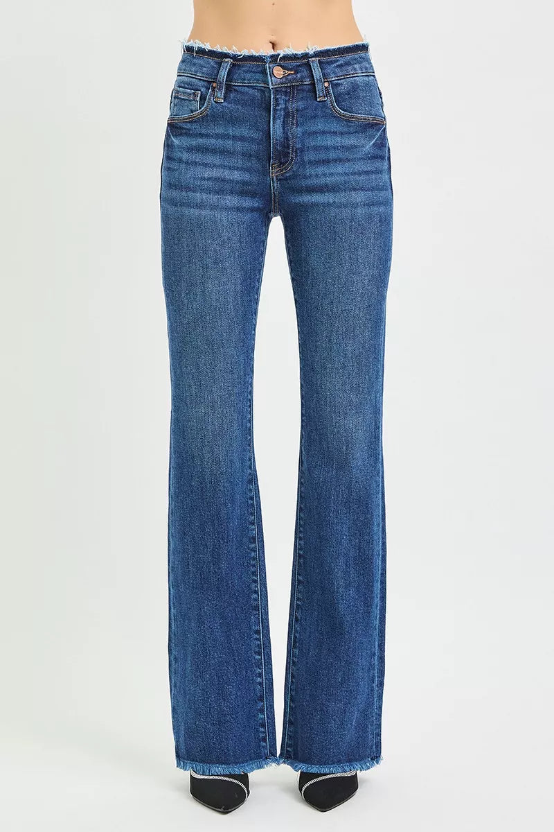 Mid Rise Bootcut Frayed Waistband Hem Detail Jeans Plus Size in Dark for Women