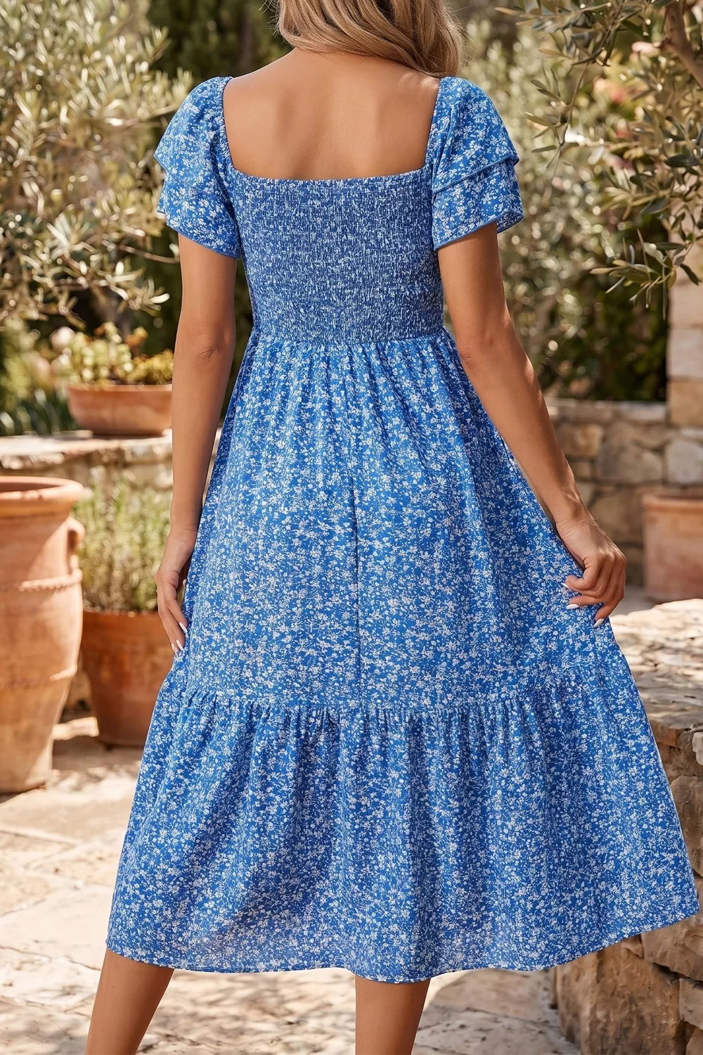 Ditsy Floral Print Smocked Square Neck Ruffle Short Sleeve Dress for Women