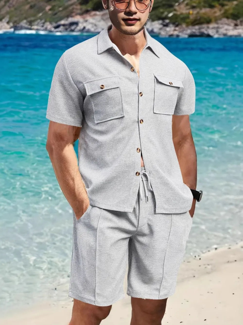 Button Down Short Sleeve Top and Shorts Set Plus Size in Deep Teal for Men