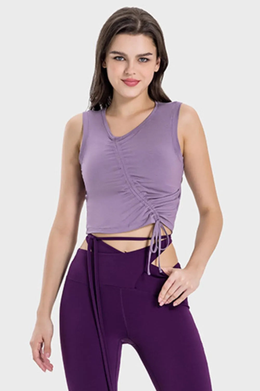 Drawstring Ruched Wide Strap Active Tank in White for Women