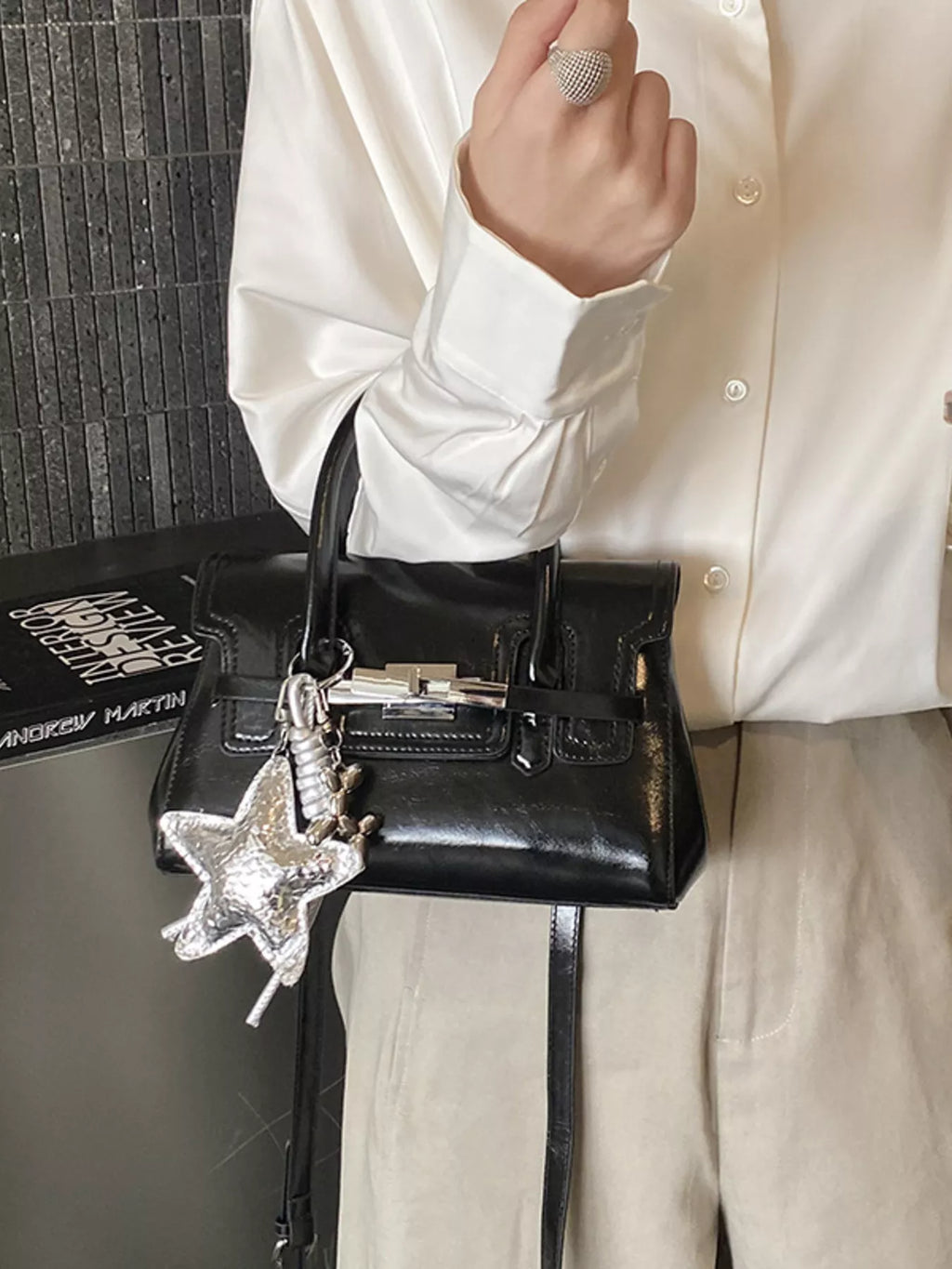 Leather Top Handle Crossbody Bag in Black for Women