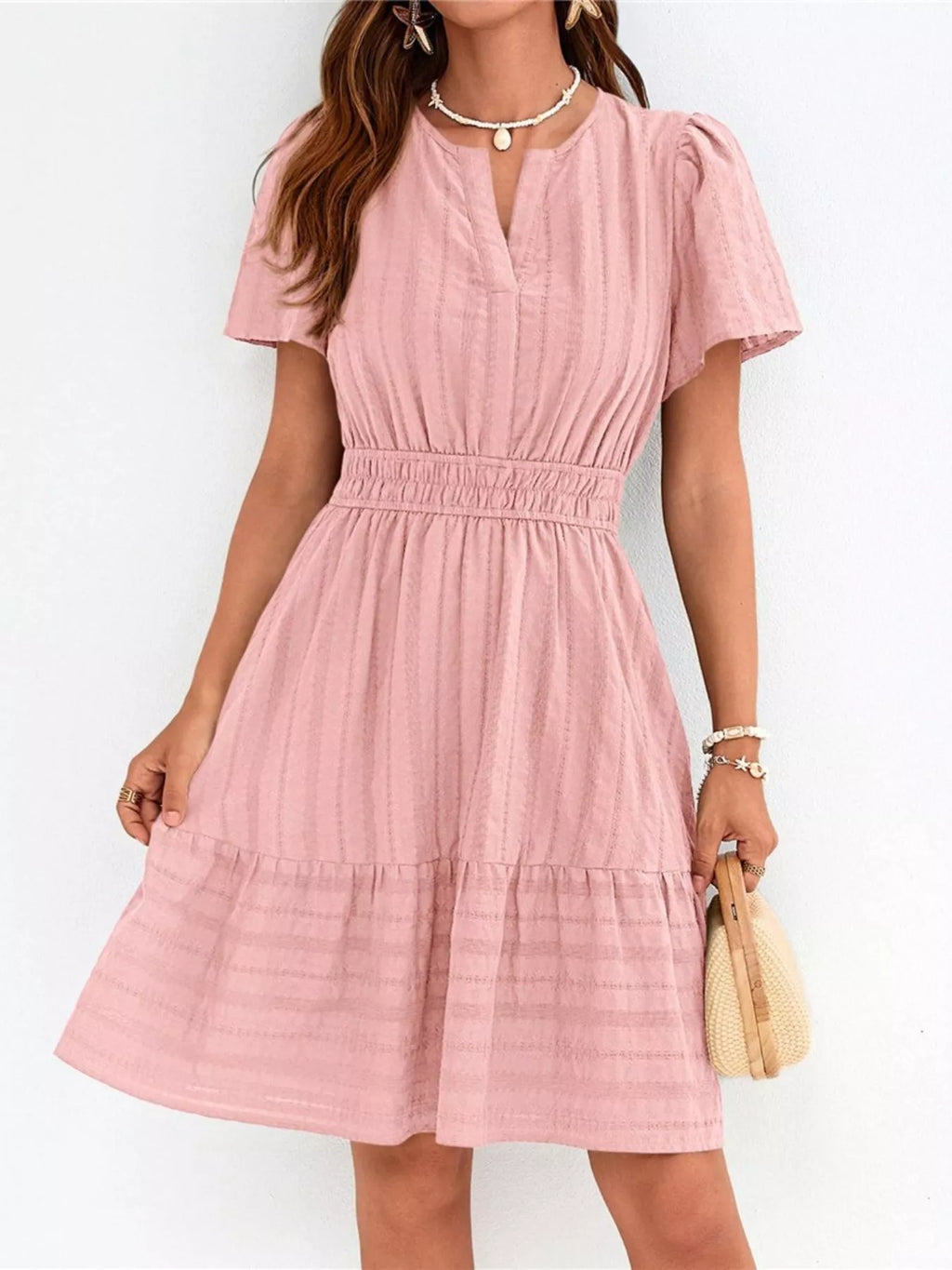 Short Sleeve Smocked Waist Tiered Dress in Army Green for Women
