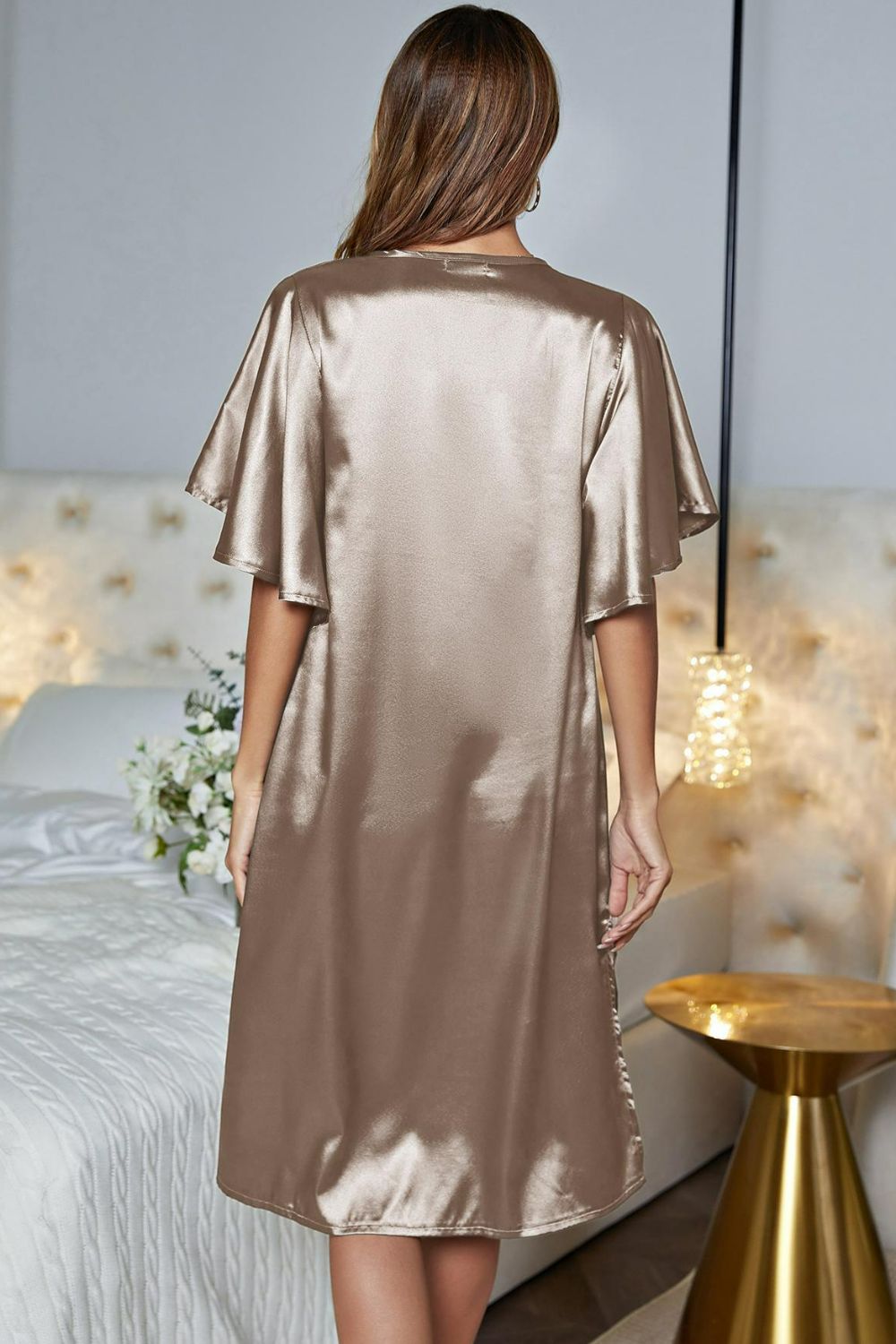 Satin Flutter Sleeve Side Slit V-Neck Night Dress in Silver for Women