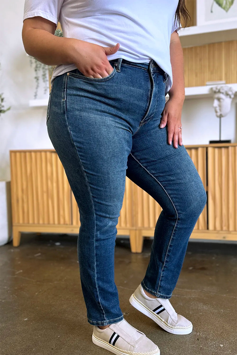 Plus Size Tummy Control High Waist Slim Jeans in Dark for Women