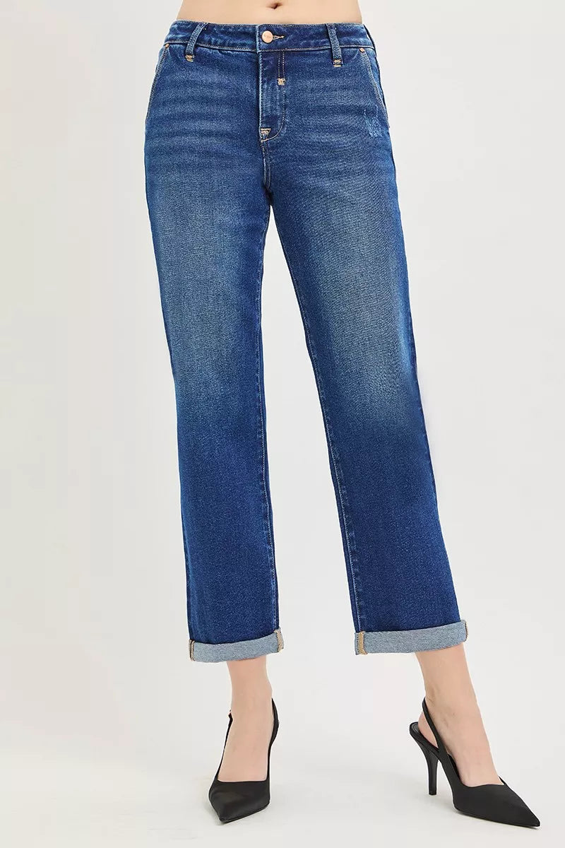 Slouchy Cropped Boyfriend Jeans with Cuffed Hem in Dark for Women