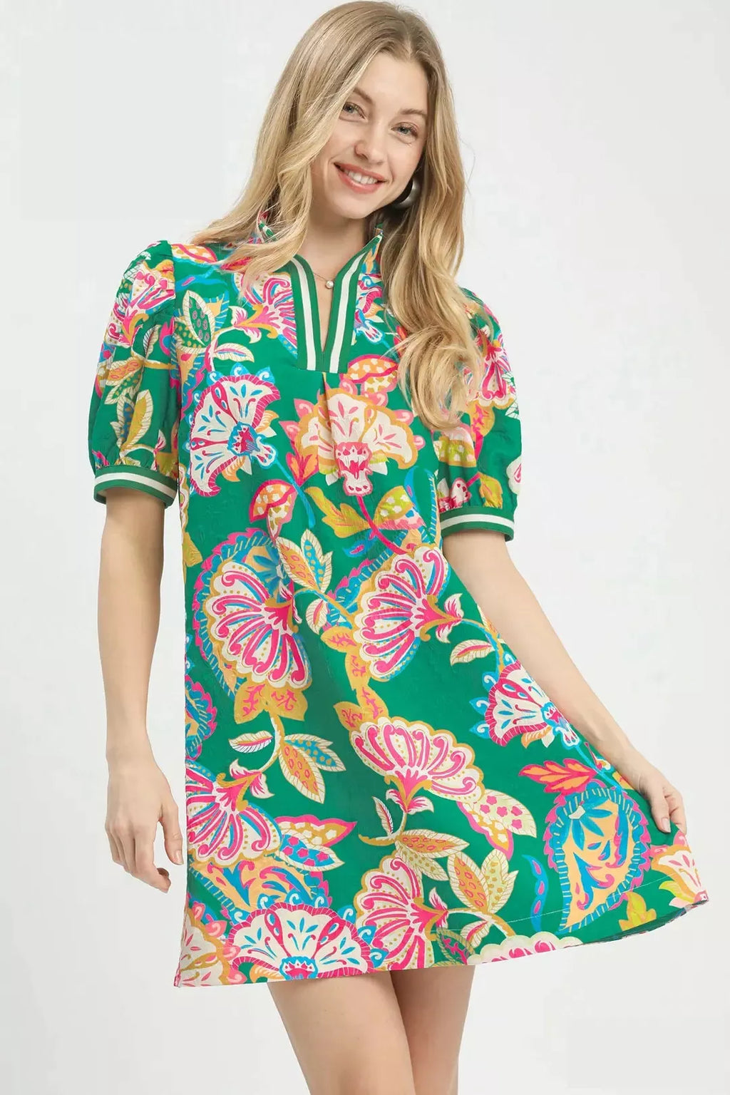 Jacquard Paisley Print Puff Sleeve Tunic Dress in Emerald Mix for Women
