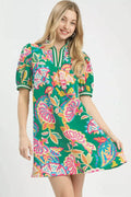 Jacquard Paisley Print Puff Sleeve Tunic Dress in Emerald Mix for Women
