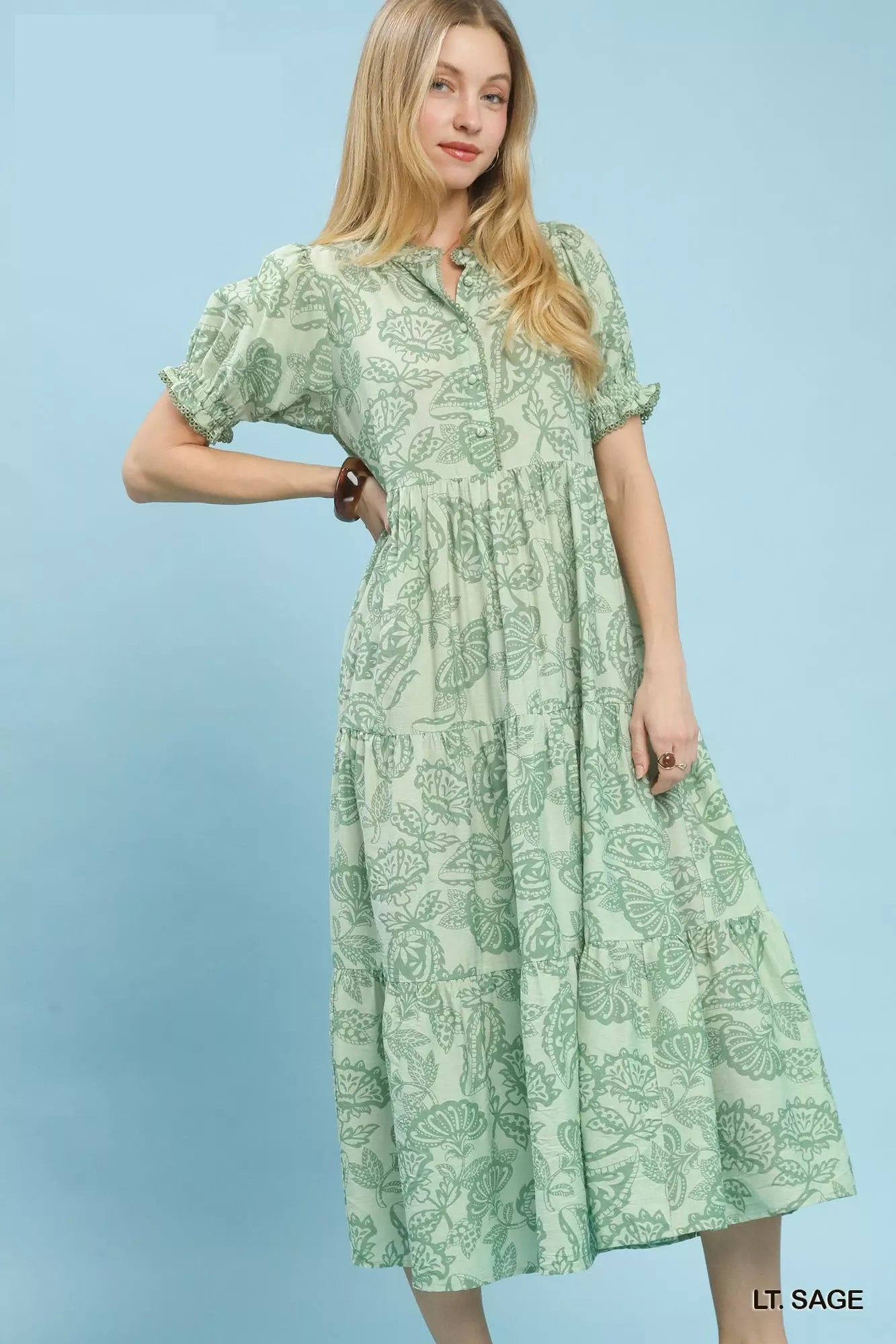 Paisley Print Tiered Midi Dress in Light Sage for Women