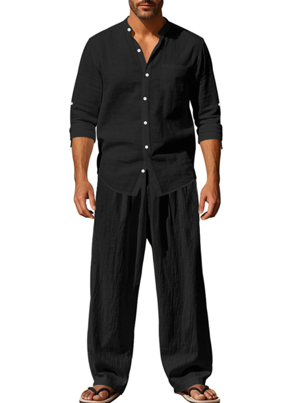 Button Up Shirt and Pants Set Plus Size in White for Men