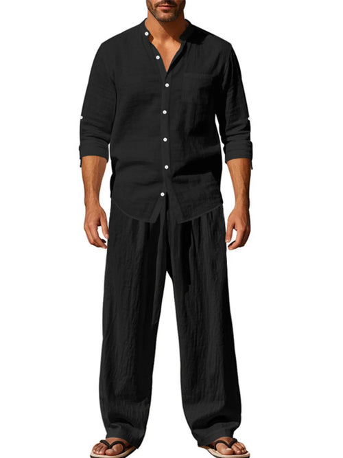 Button Up Shirt and Pants Set Plus Size in White for Men