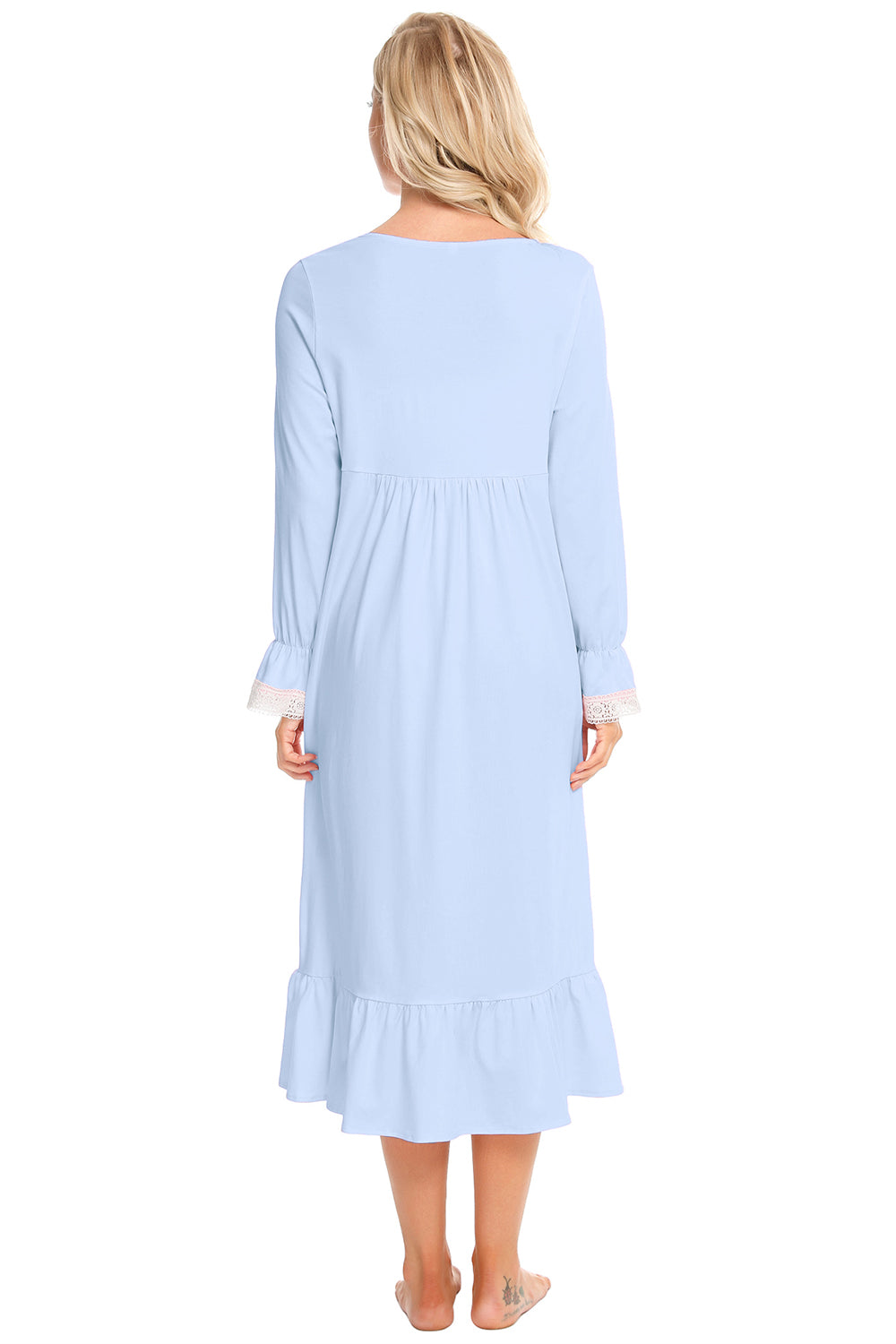 Lace Detail Square Neck Flounce Sleeve Night Dress in Pastel Blue for Women