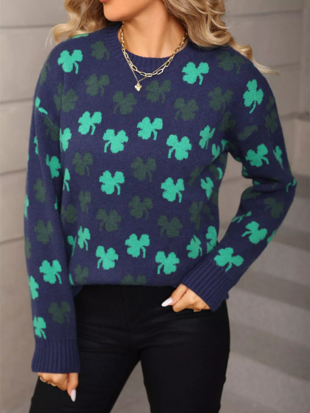 Lucky Clover Crew Neck Sweater in Navy Blue for Women