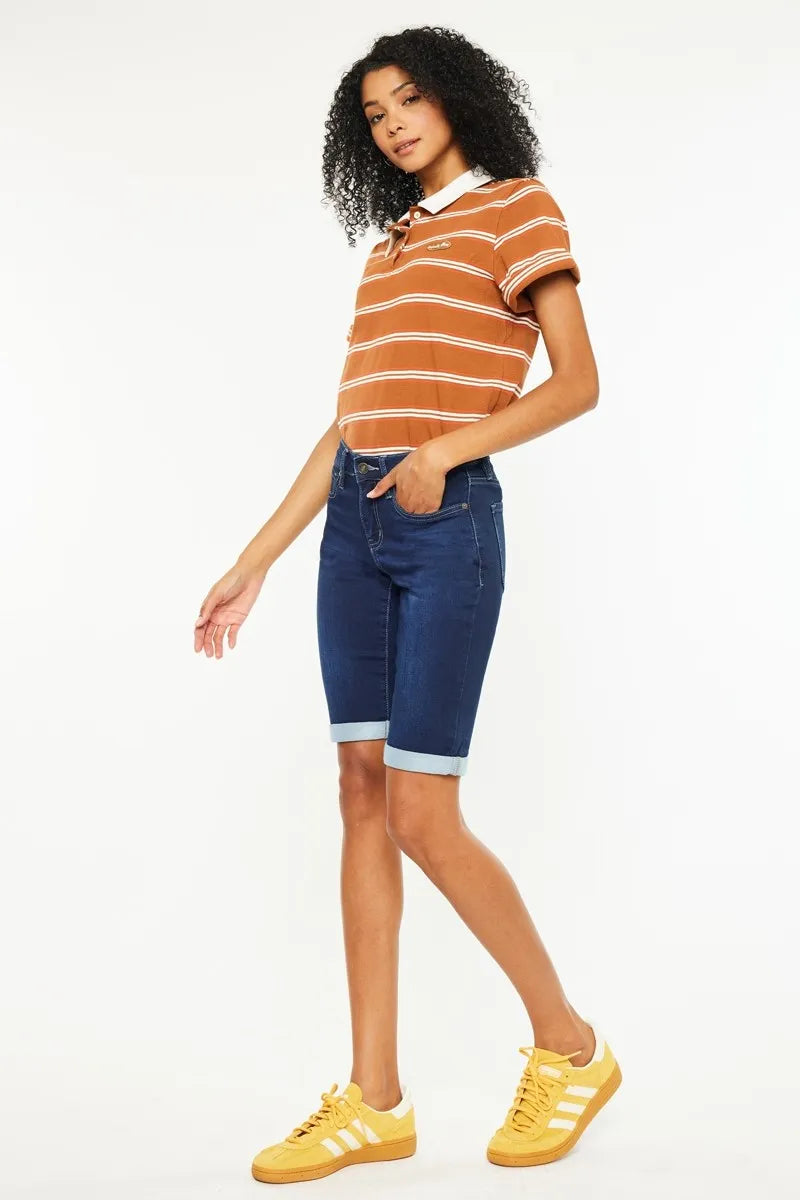 Mid Rise Bermuda Denim Shorts in Dark for Women