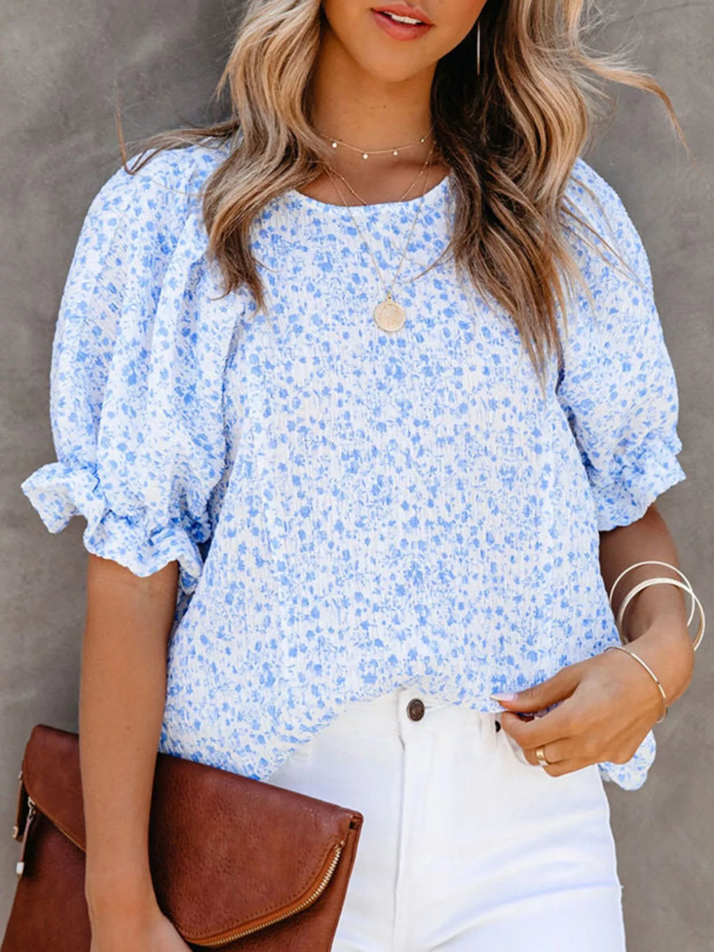 Floral Print Ruffle Sleeve Blouse Plus Size in Black for Women