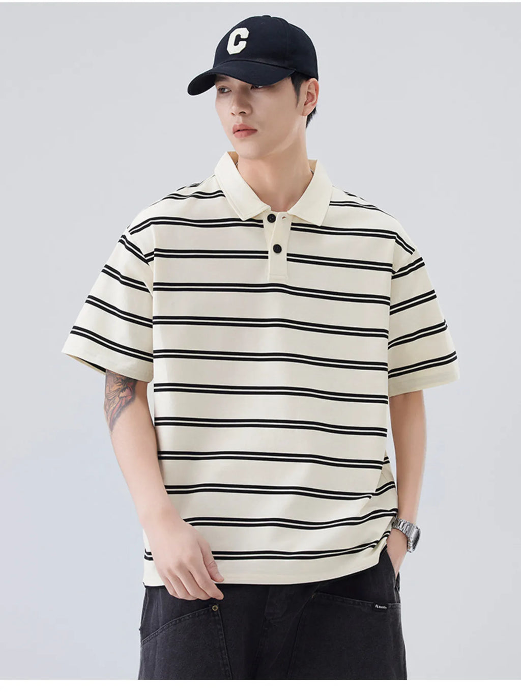 Plus Size Striped Half Sleeve Polo for Men