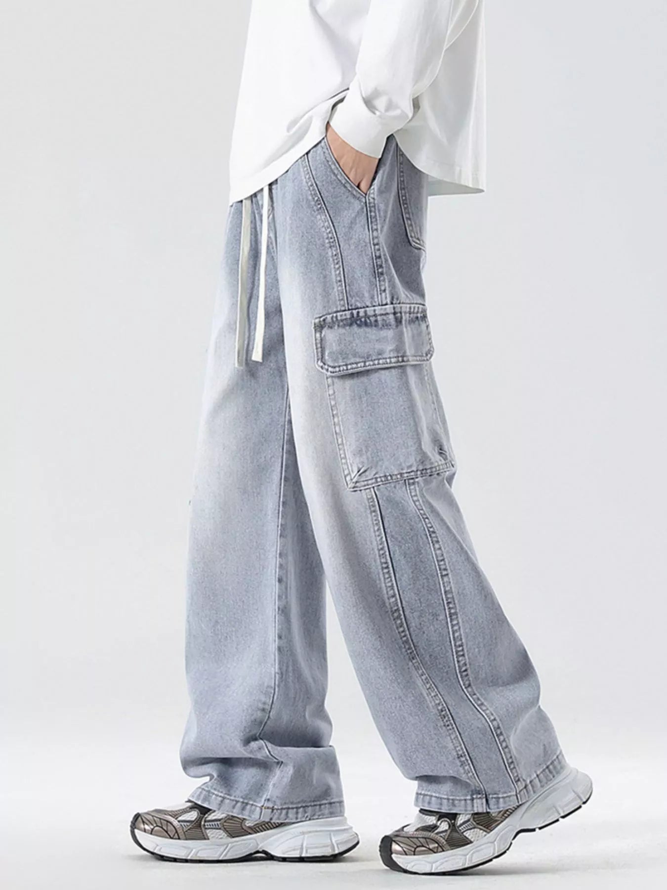 Wide Leg Cargo Jeans Plus Size in Cement Gray for Men
