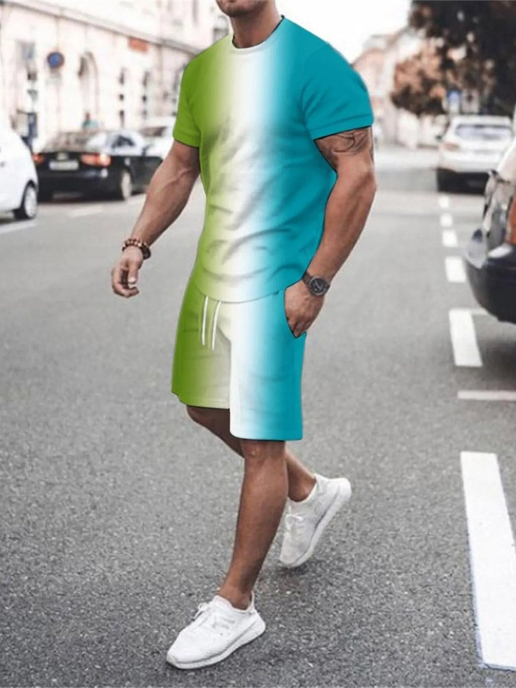 Gradient Color Casual Tee and Shorts Plus Size Set in Orange-Red for Men