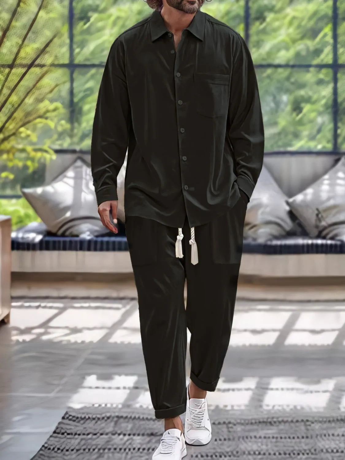 Button Down Long Sleeve Shirt and Pants Set in Light Blue for Men