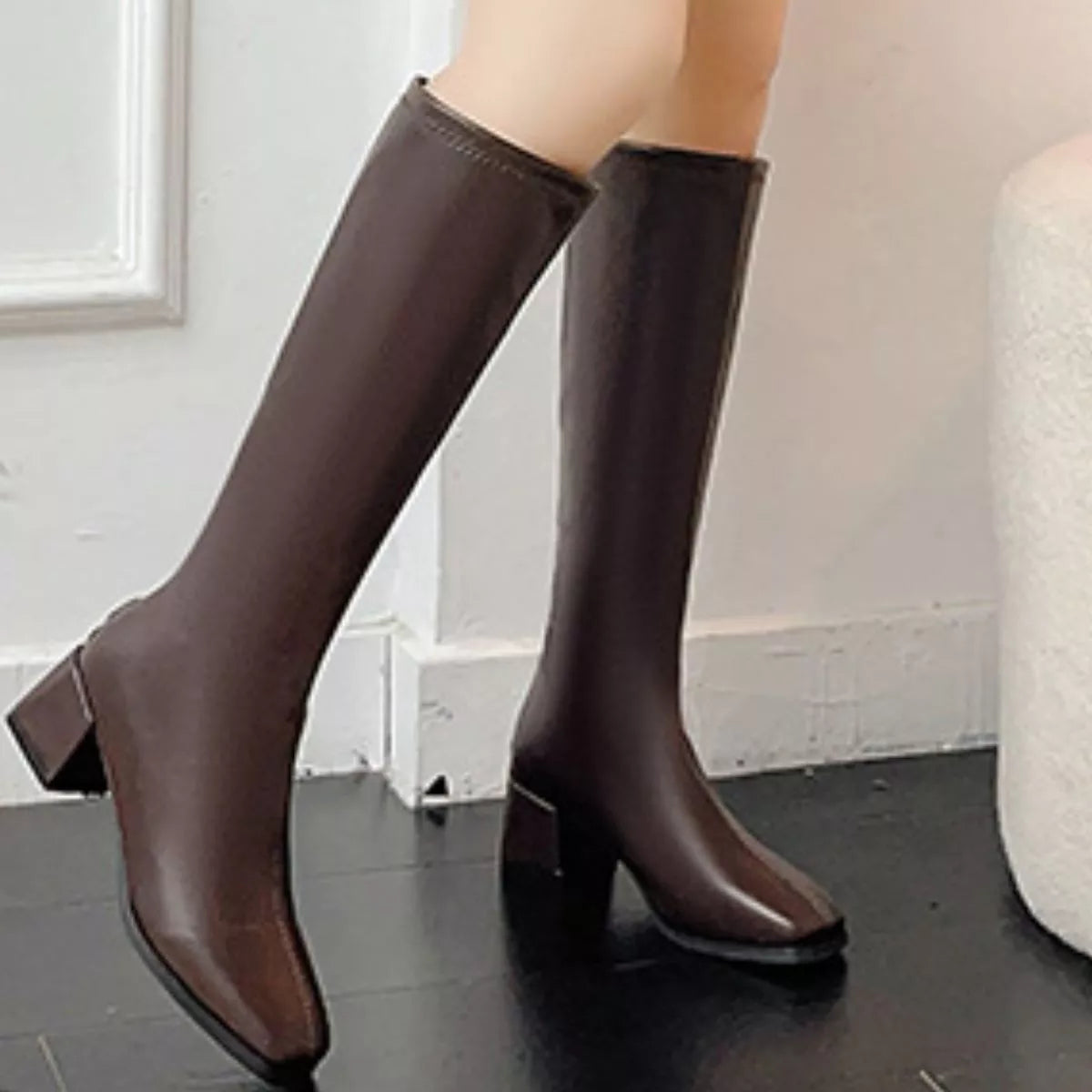 Square Toe Block Heels Boots in Off-White for Women